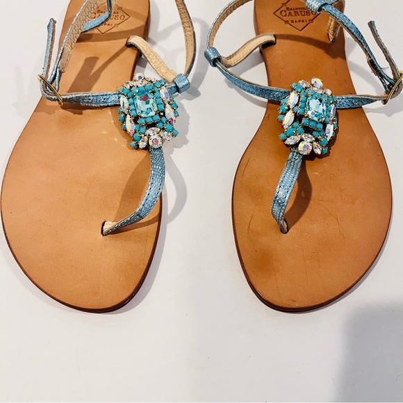 Emanuela Caruso Women’s EU 40 Blue Jeweled Bling Ankle T- Strap Leather Sandals - Picture 2 of 16